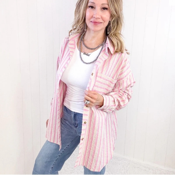 Easel Oversized Pink Blue Striped Textured Long Sleeve Button Up Top Shacket - Picture 3 of 9